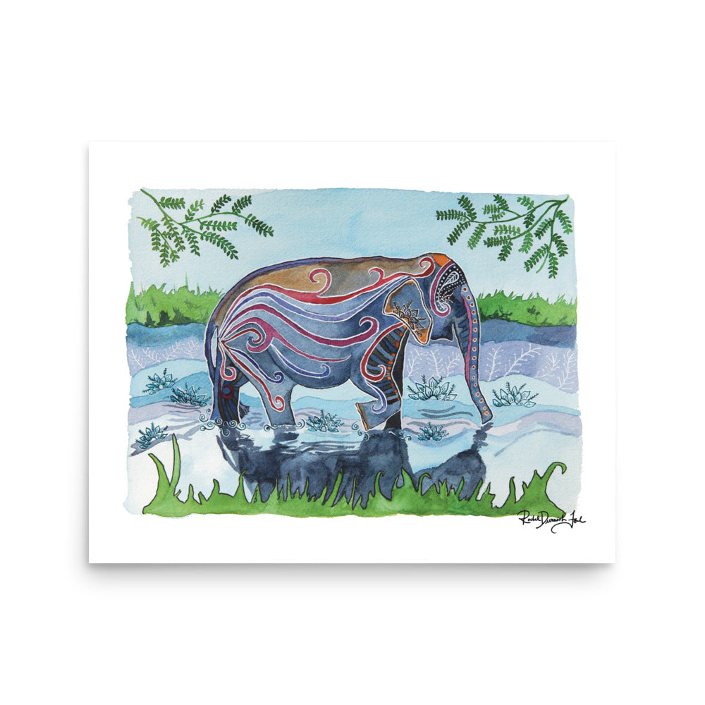 River Elephant: Watercolor and ink archival art print- animal illustration- giclee print