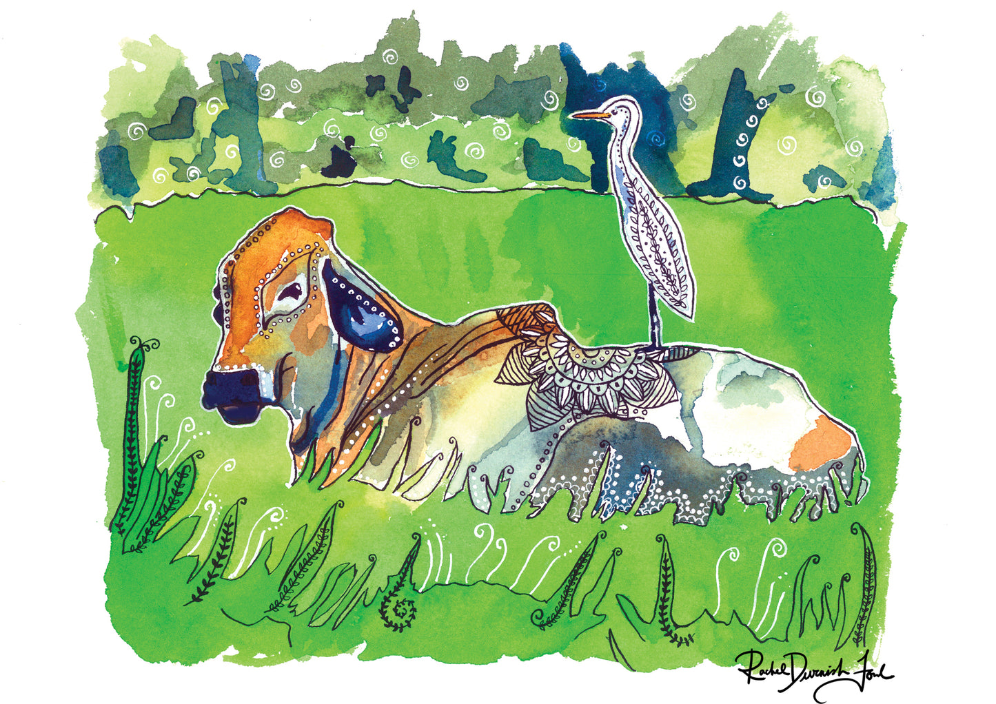 The Cow and the Egret- Watercolor and Ink Archival Print- Animal Illustration- Bird illustration- by Rachel Devenish Ford