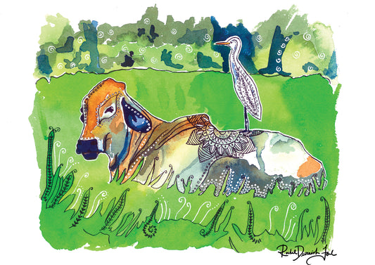 The Cow and the Egret- Watercolor and Ink Archival Print- Animal Illustration- Bird illustration- by Rachel Devenish Ford