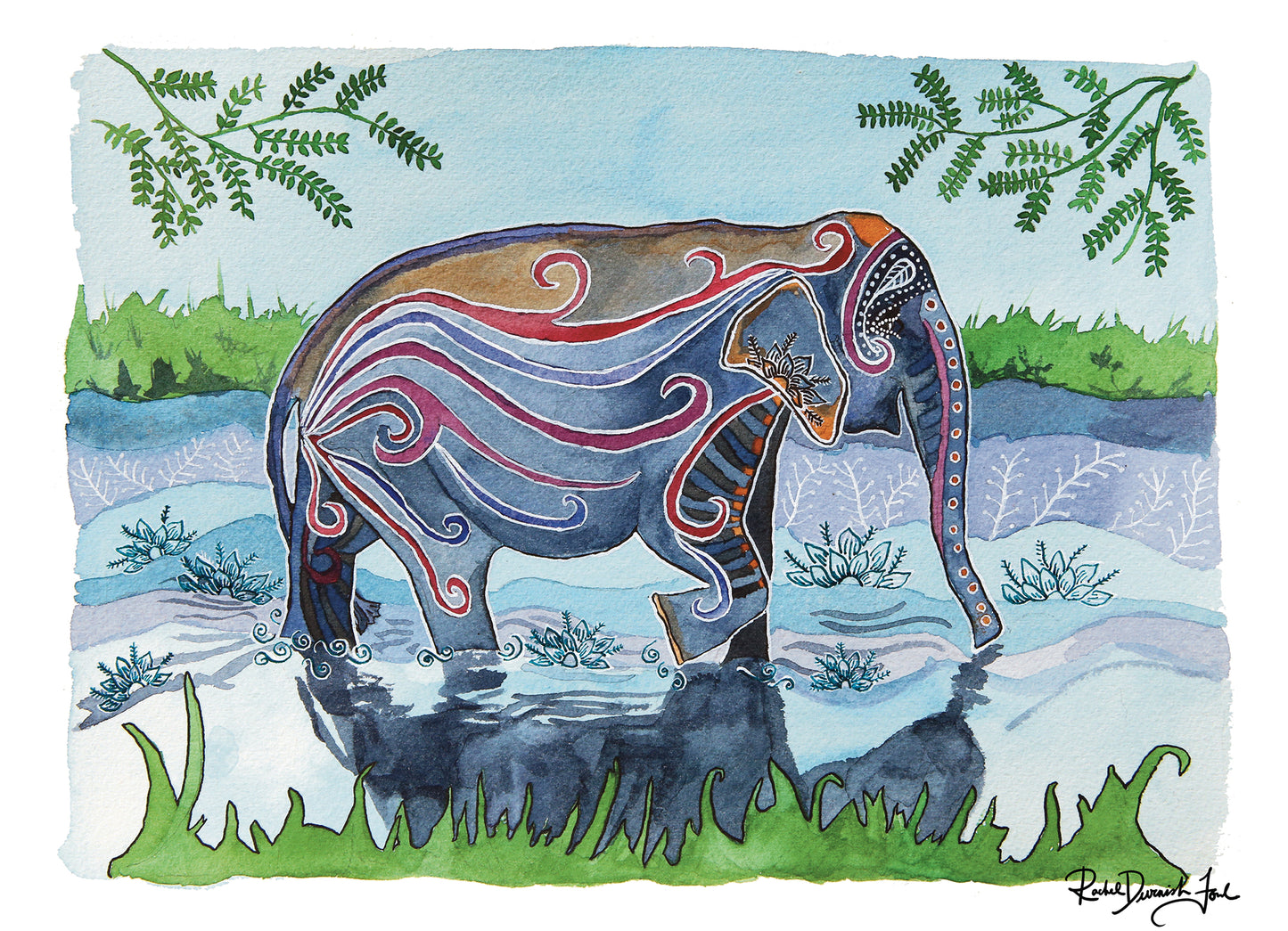 River Elephant: Watercolor and ink archival art print- animal illustration- giclee print