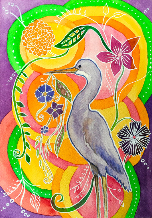 The Heron Dreams of Flowers - Watercolor and Ink Archival Print - Animal Illustration- Bird Illustration