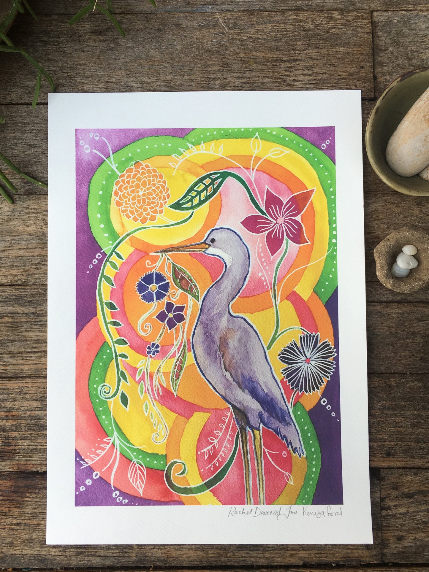 The Heron Dreams of Flowers - Watercolor and Ink Archival Print - Animal Illustration- Bird Illustration