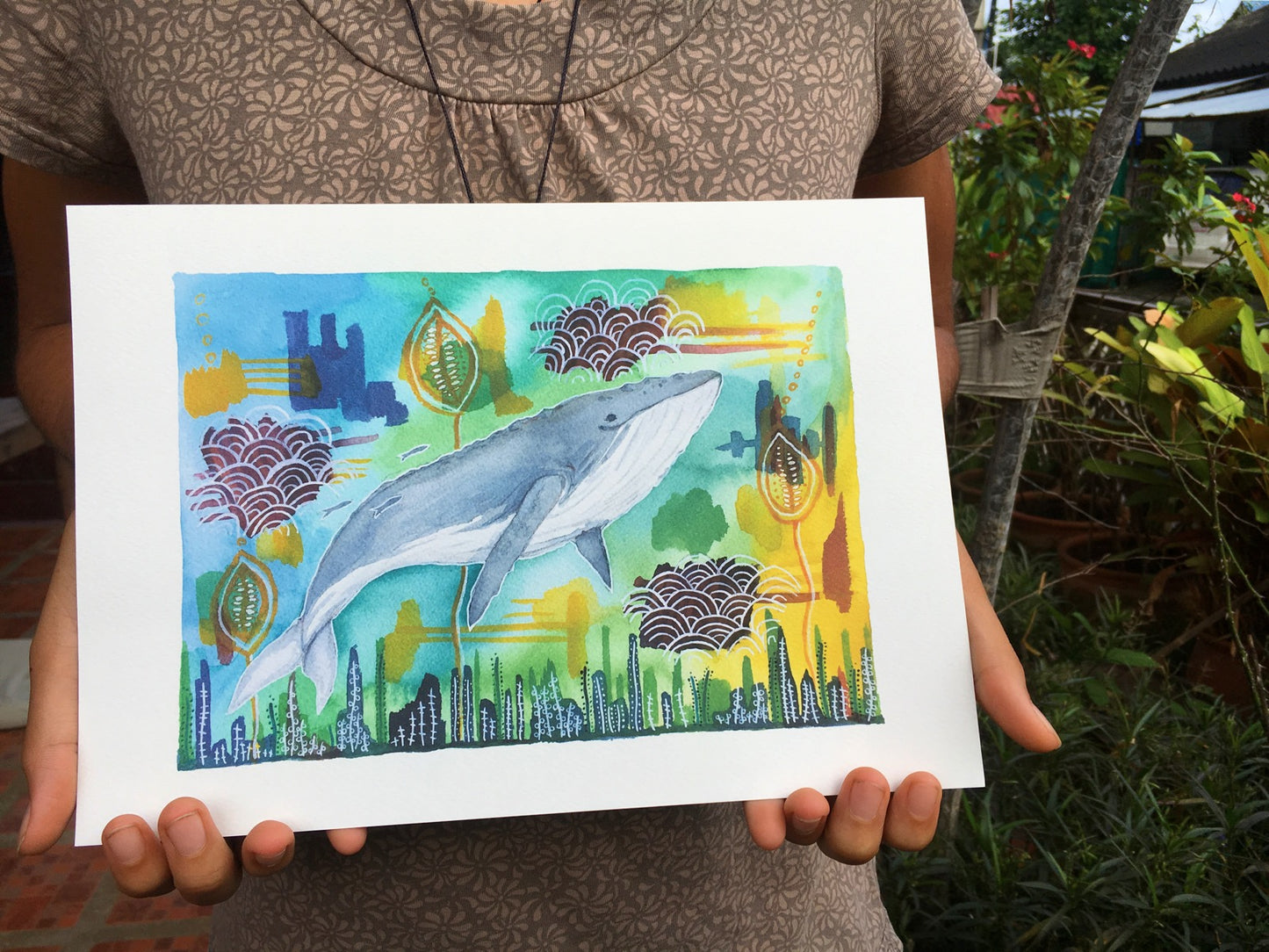 The Humpback Whale Swims and Sings : Watercolor and Ink Giclée Print- Animal Illustration