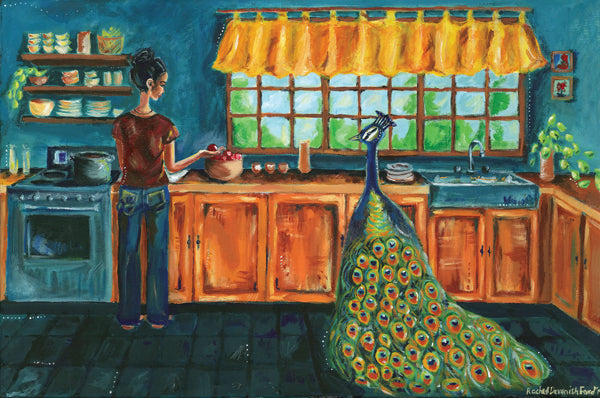Nothing Was Ordinary- Acrylic Bird Painting - Girl with peacock- Illustrative whimsical archival print- by Rachel Devenish Ford