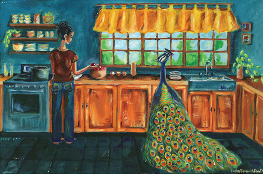 Nothing Was Ordinary- Acrylic Bird Painting - Girl with peacock- Illustrative whimsical archival print- by Rachel Devenish Ford