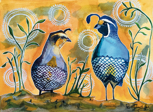 California Quail Couple - Watercolor and Ink Archival Print- Animal Illustration- Bird Illustration by Rachel Devenish Ford