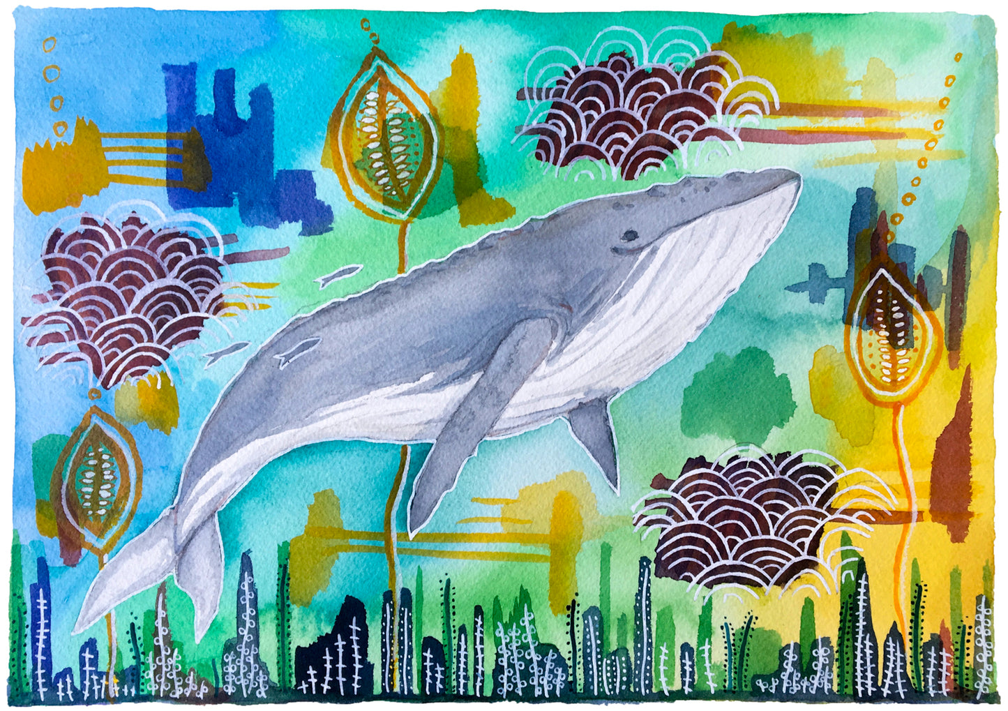 The Humpback Whale Swims and Sings : Watercolor and Ink Giclée Print- Animal Illustration