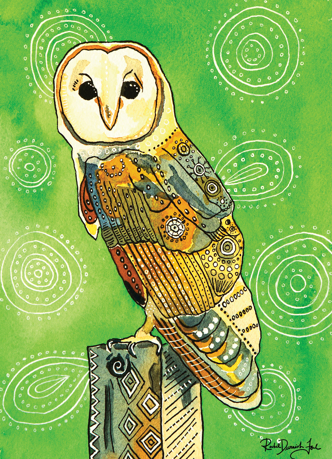 Barn owl print- bird art- watercolor and ink bird illustration