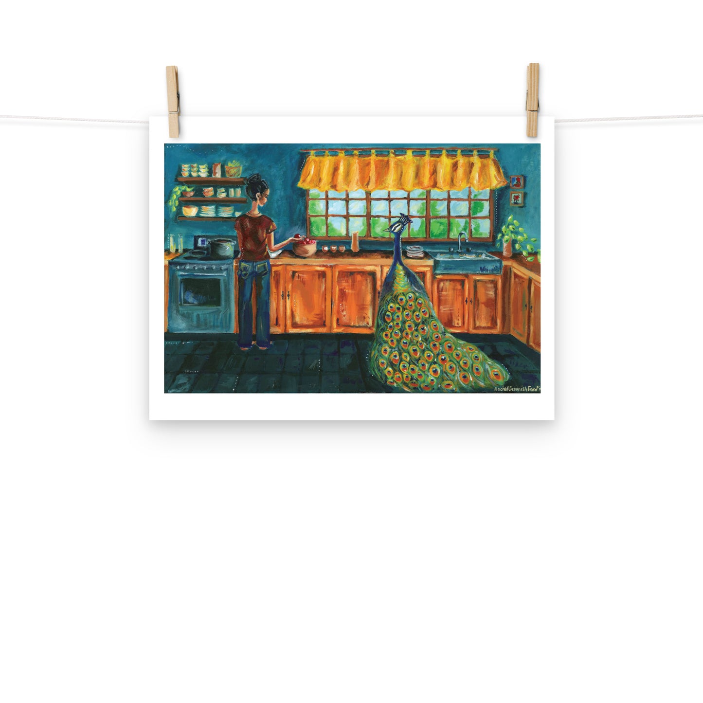 Nothing Was Ordinary- Acrylic Bird Painting - Girl with peacock- Illustrative whimsical archival print- by Rachel Devenish Ford