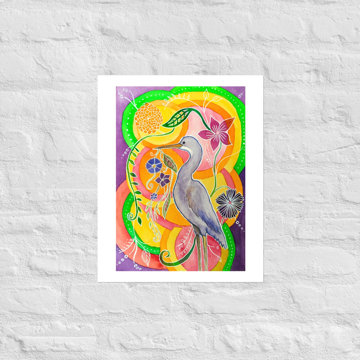 The Heron Dreams of Flowers - Watercolor and Ink Archival Print - Animal Illustration- Bird Illustration