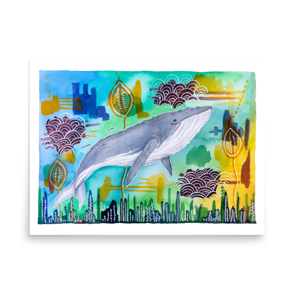 The Humpback Whale Swims and Sings : Watercolor and Ink Giclée Print- Animal Illustration