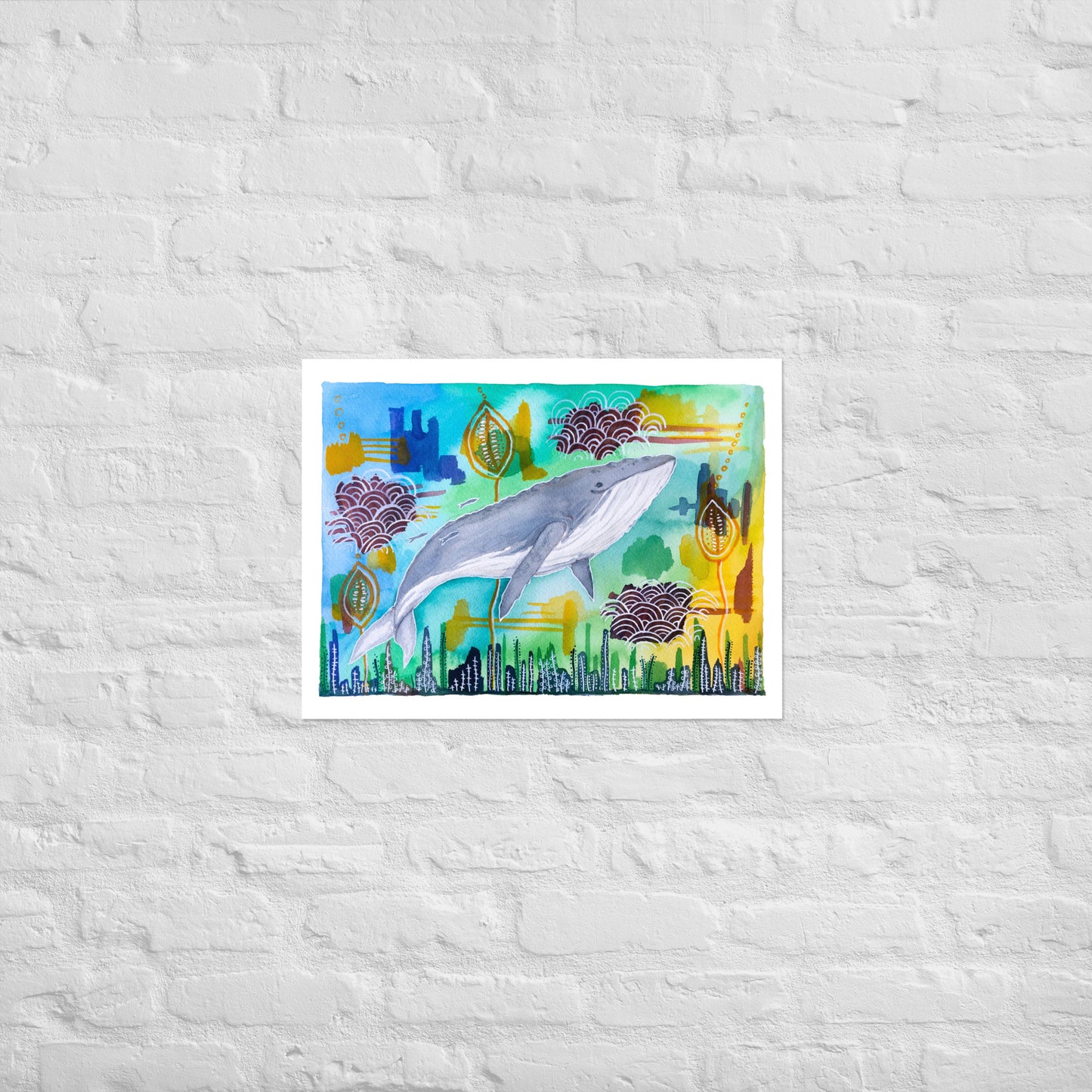 The Humpback Whale Swims and Sings : Watercolor and Ink Giclée Print- Animal Illustration