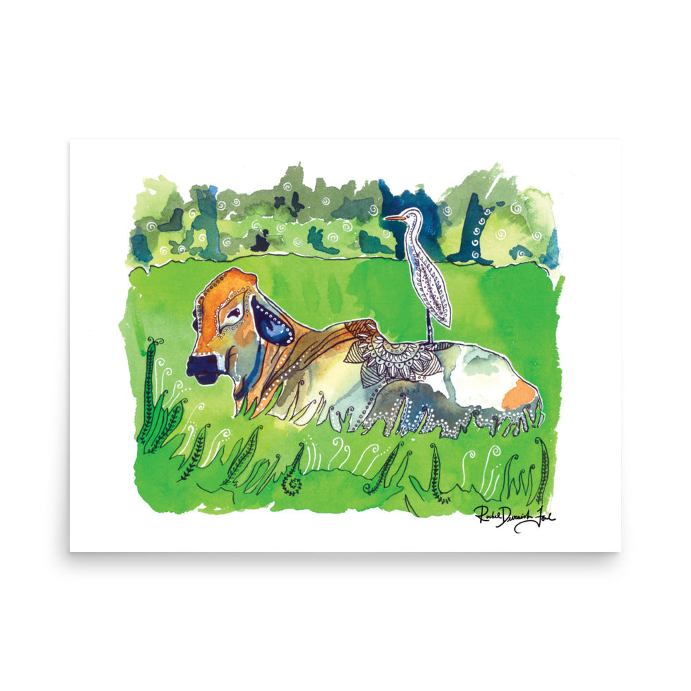 The Cow and the Egret- Watercolor and Ink Archival Print- Animal Illustration- Bird illustration- by Rachel Devenish Ford
